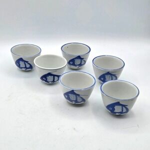 Glazed White Ceramic Sake/ Tea Cup with Blue Koi Fish Design China Lot of 6